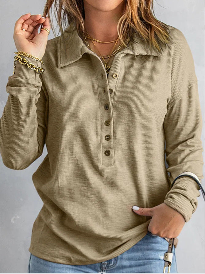 Damen Langarm-Waffelshirt mit Hemdkragen und Knopfleiste Shop Nory