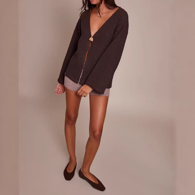Damen Strukturierter Waffelstrick-Cardigan mit tiefem V‑Ausschnitt, Ein-Knopf-Verschluss und lässigen Oversize-Ärmeln Shop Nory