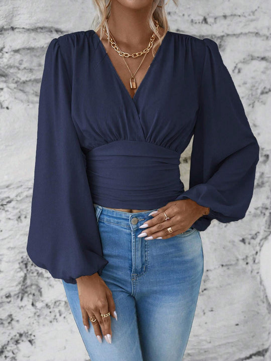Damen Wickel-Cropped-Top mit geraffter Taillenpartie und weiten Ballonärmeln Shop Nory