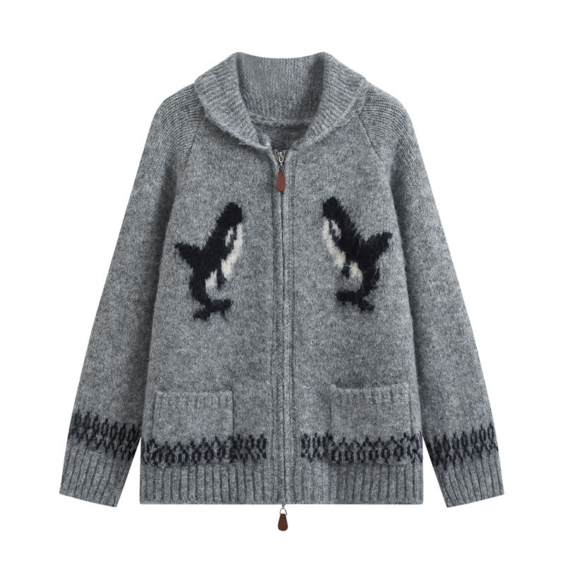 Damen Strickjacke mit Reißverschluss, Schalkragen und Wal‑Intarsien Shop Nory