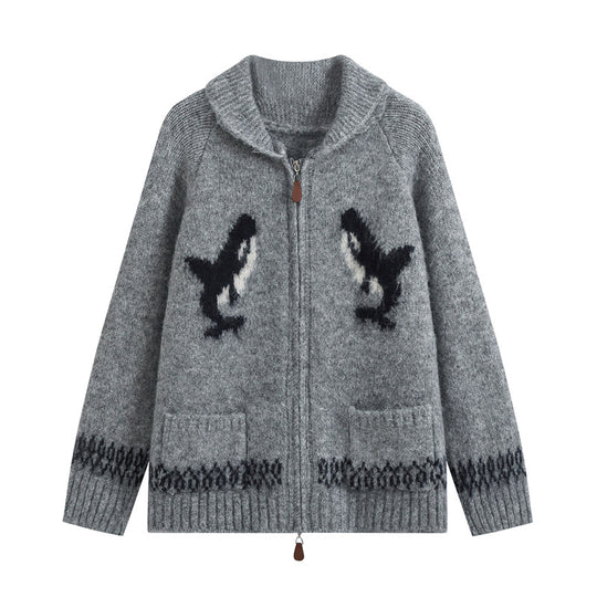 Damen Strickjacke mit Reißverschluss, Schalkragen und Wal‑Intarsien Shop Nory