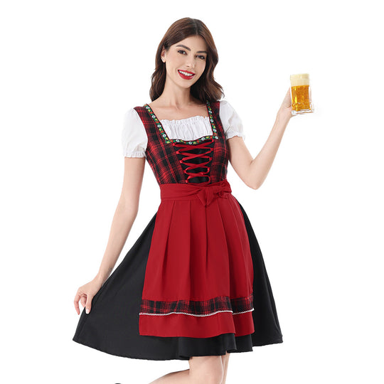 Damen nan traditionelles Dirndlkleid mit kariertem Mieder, Schnürung, Puffärmeln und Schürze Shop Nory