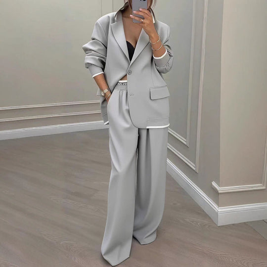 Damen Oversize-Blazer mit Kontrastbesatz und High‑Waist Palazzo‑Hose Zweiteiler Shop Nory