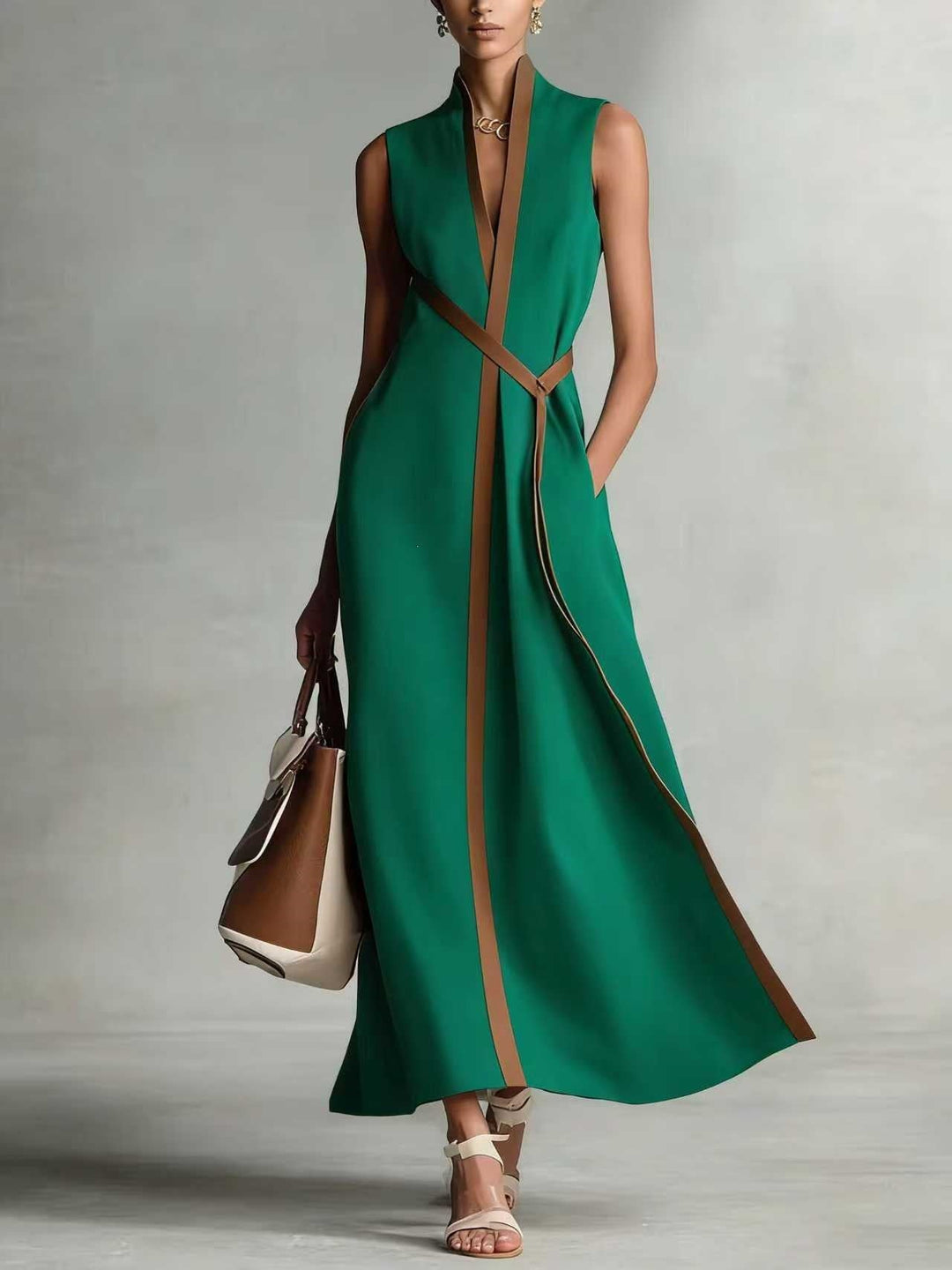 Damen elegantes Maxikleid mit Taillenschnitt und schmalem Gürtel Shopnory