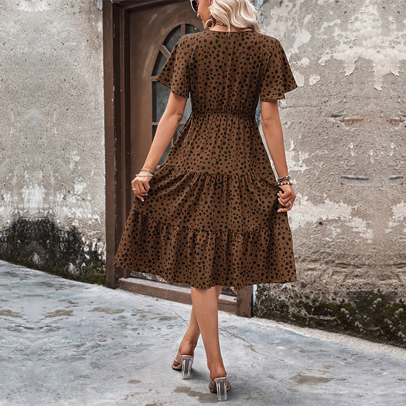 Damen Midi-Kleid mit Puffärmeln und modischem Punktmuster Shopnory