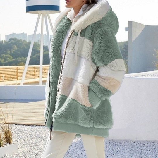 Damen nan Oversize Teddyfell-Kapuzenjacke mit Farbblock-Streifen, hochwertigem Reißverschluss und gerippten Bündchen Shop Nory