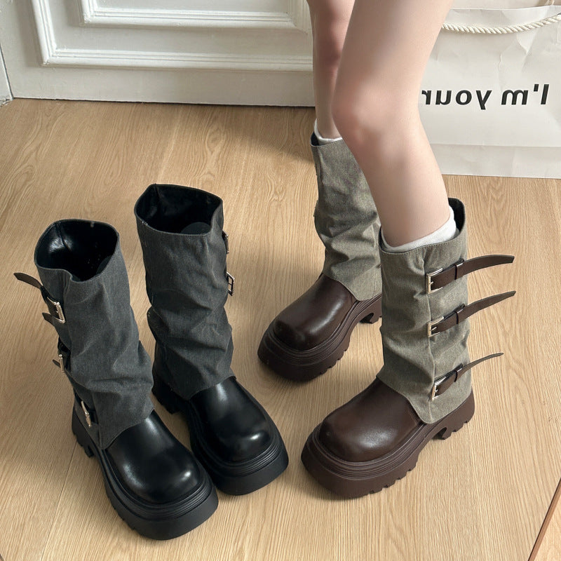 Damen Boots mit modischer Schnallenverzierung und robustem Plateau-Heel