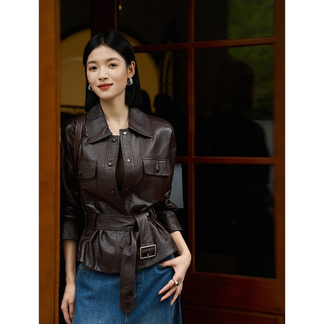 Damen Kurzjacke aus strukturiertem Leder mit Taillengürtel und Druckknöpfen Shop Nory