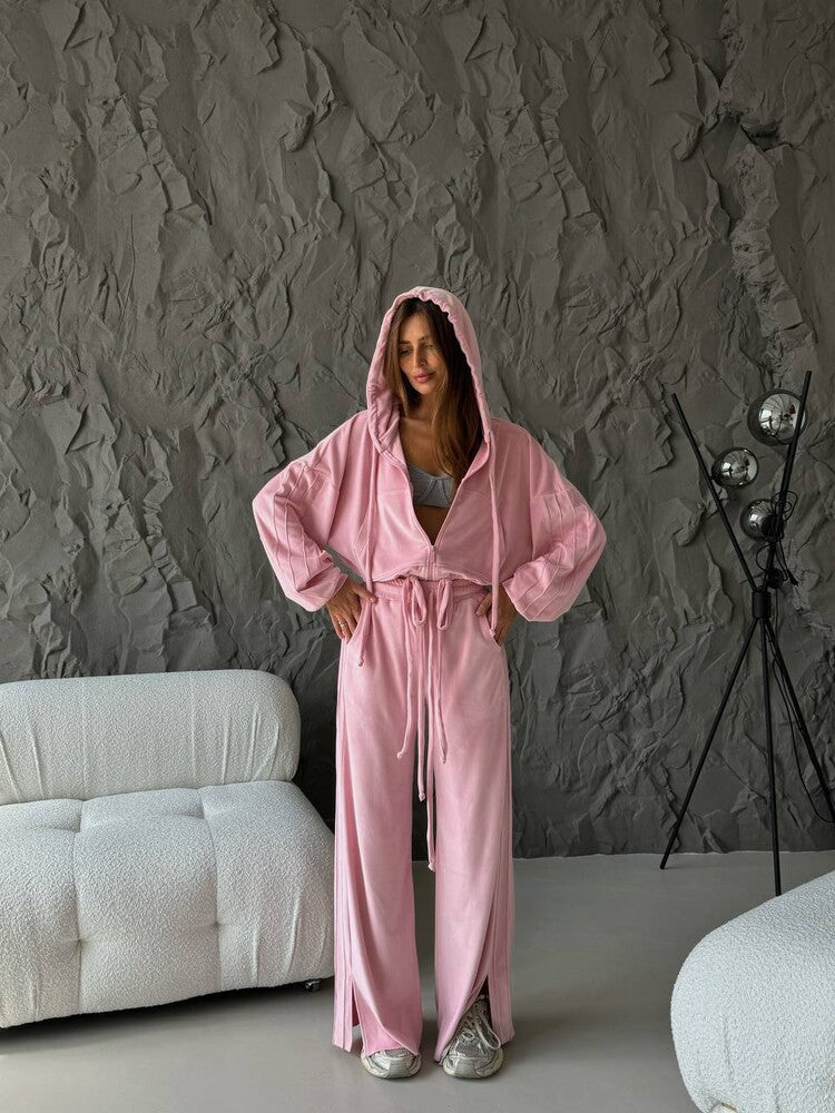 Damen Cropped Kapuzenjacke mit Kordelzug und weitem Split-Hose Lounge-Set Shop Nory