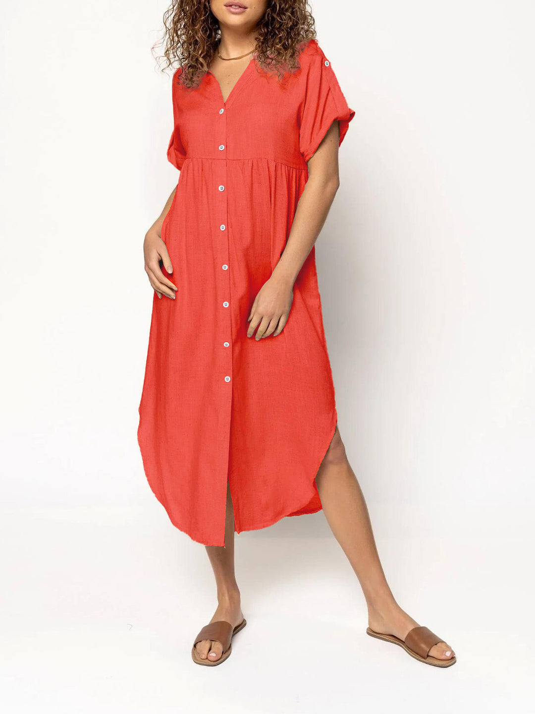 Damen Midikleid mit Knopfleiste, V‑Ausschnitt und legerer Babydoll-Passform Shop Nory