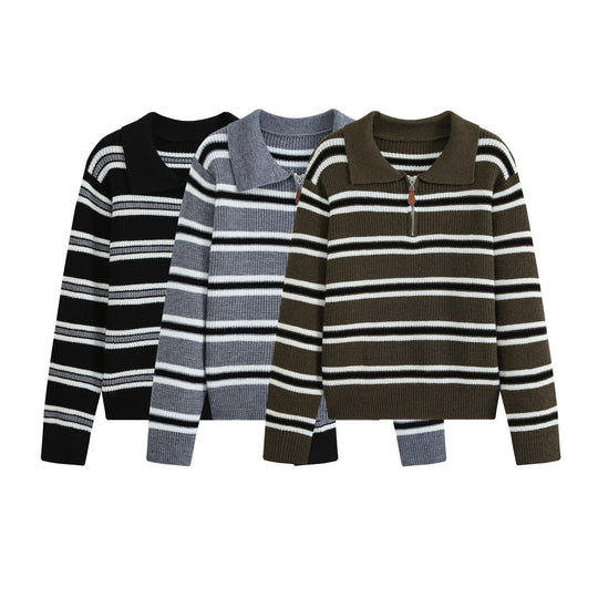 Damen Gestreifter Strickpullover mit Polokragen und Halbreißverschluss Shop Nory