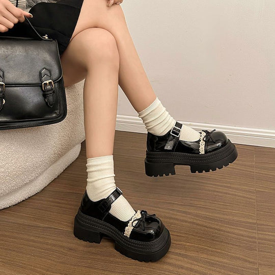 Damen Chunky Mary-Jane Plateauschuhe mit Riemen, Zierschleife und Spitzenbesatz Shop Nory