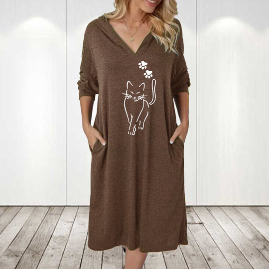 Damen Kapuzenkleid mit süßem Katzenmotiv und praktischen Taschen Shopnory