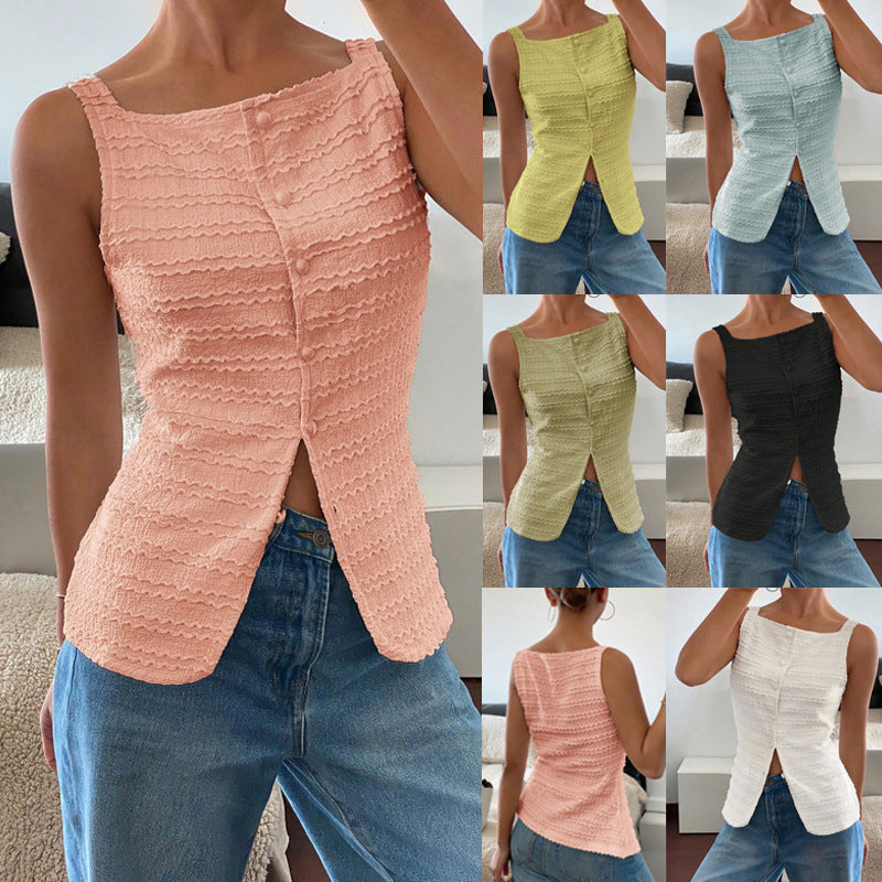 Damen Ärmelloses Struktur-Top mit Zierknopfleiste und Vorder‑Schlitz Shop Nory