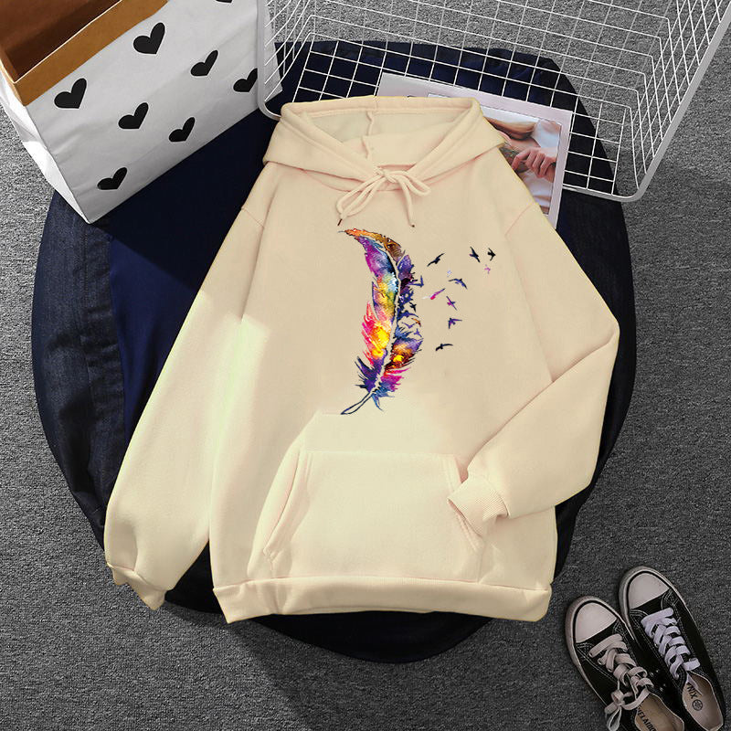 Damen nan Kapuzenpullover mit künstlerischem Aquarell‑Federmotiv, Oversize‑Schnitt und Kängurutasche Shop Nory
