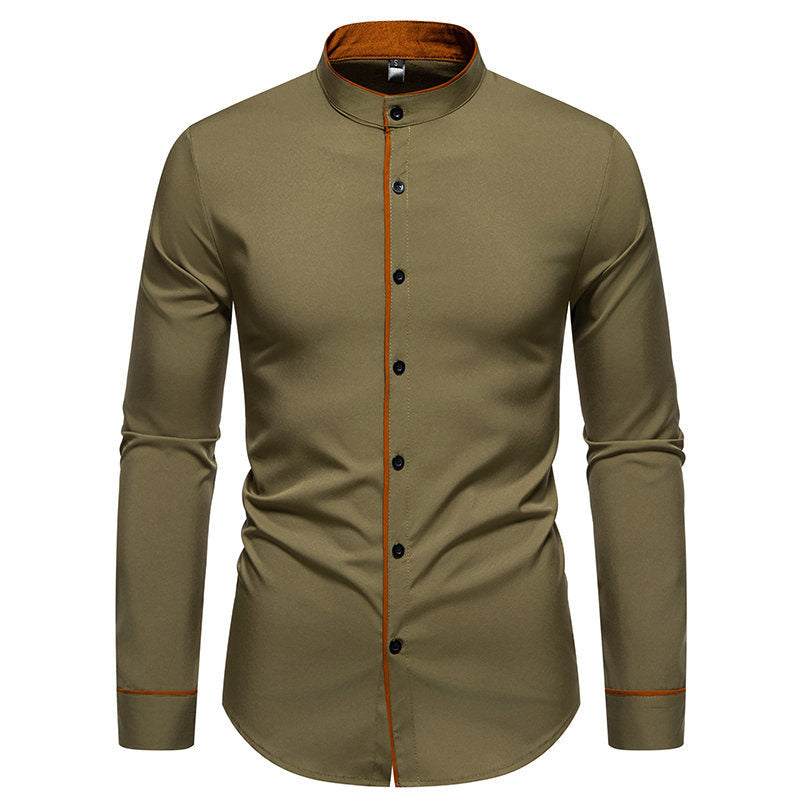 Herren Langarmhemd mit modernem Stehkragen und gesticktem Detail