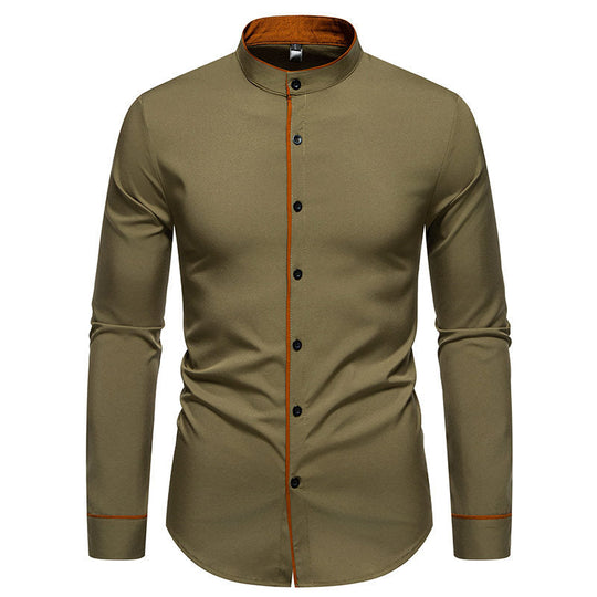 Herren Langarmhemd mit modernem Stehkragen und gesticktem Detail