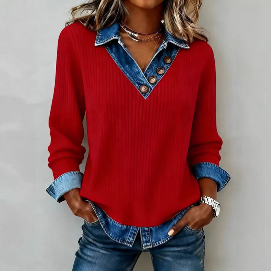 Damen Elegantes Strickshirt mit Jeanskragen und Knopfdetails Shopnory