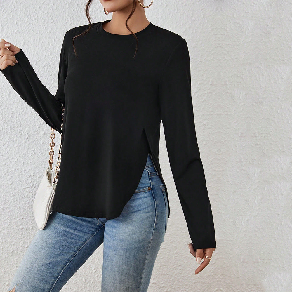 Damen Langarmshirt mit seitlichen Schlitzen, Rundhalsausschnitt und entspannter Casual-Passform Shop Nory