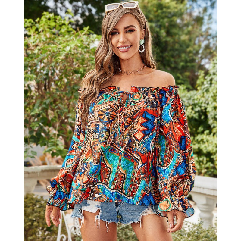 Damen Off-Shoulder Bluse mit Buntem Muster und Elastischem Saum Shopnory