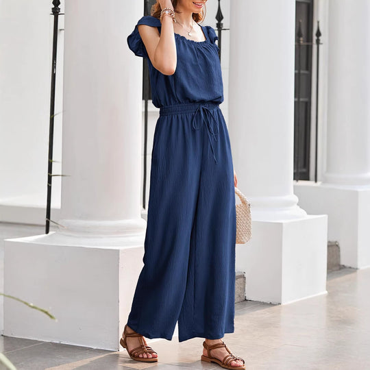 Damen Crinkle-Overall mit weitem Bein, elastischem Taillenbund und Rüschenärmeln Shop Nory
