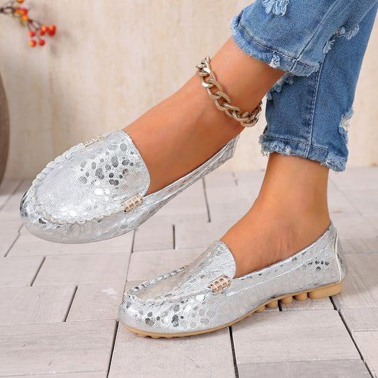 Damen Metallic Mokassin mit Noppenlaufsohle und Ziermetalldetail Shop Nory