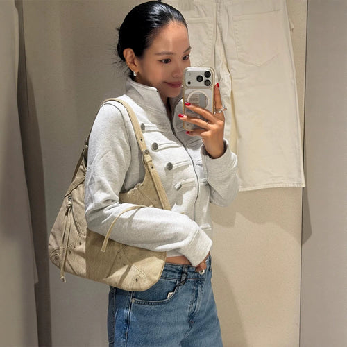 Damen Kurzgeschnittene Sweatjacke im Military-Look mit Stehkragen Shop Nory