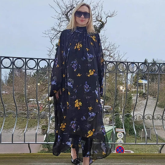 Damen Chiffon-Maxikleid mit Stehkragen, Keyhole-Ausschnitt & voluminösen Ballonärmeln Shop Nory