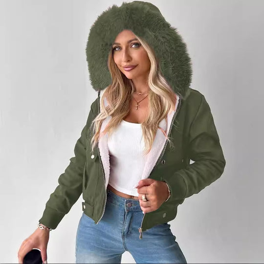 Damen Kurzblouson Winterjacke mit Teddyfutter und abnehmbarer Kunstfellkapuze Shop Nory
