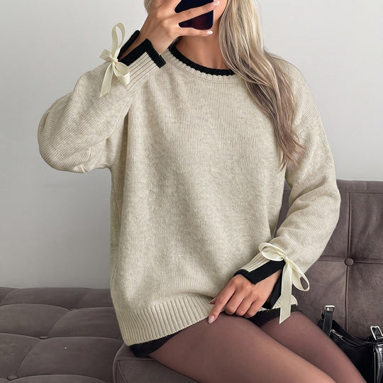 Damen Oversize-Feinstrickpullover mit kontrastgerippter Passe und Schleifen-Details Shop Nory