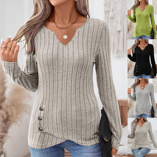 Damen Geripptes Longsleeve-Tunika mit V-Ausschnitt und seitlichen Zierknöpfen Shop Nory
