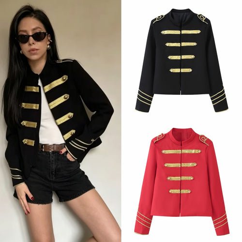 Damen Gekürzte Militärjacke mit goldbestickten Galons und Stehkragen Shop Nory
