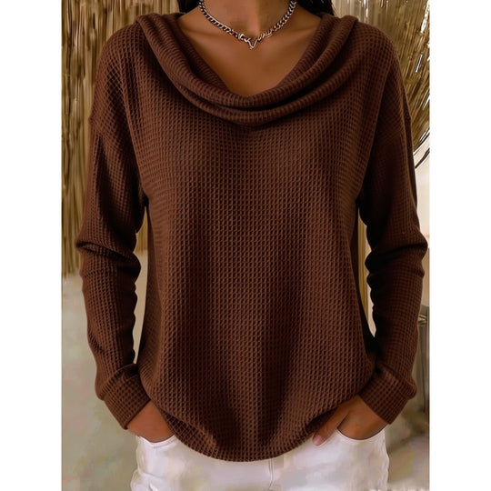 Damen Lässiger Waffelstrick-Pullover mit weitem Wasserfallkragen und gerundetem Saum Shop Nory