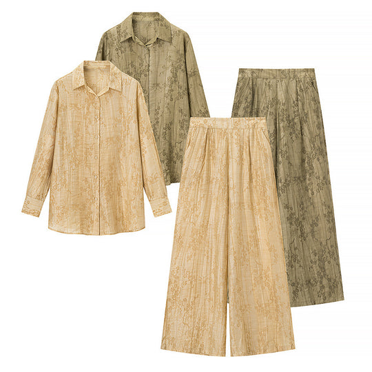 Damen Zweiteiliges Jacquard-Loungewear-Set mit Hemdbluse und weiter Palazzohose Shop Nory