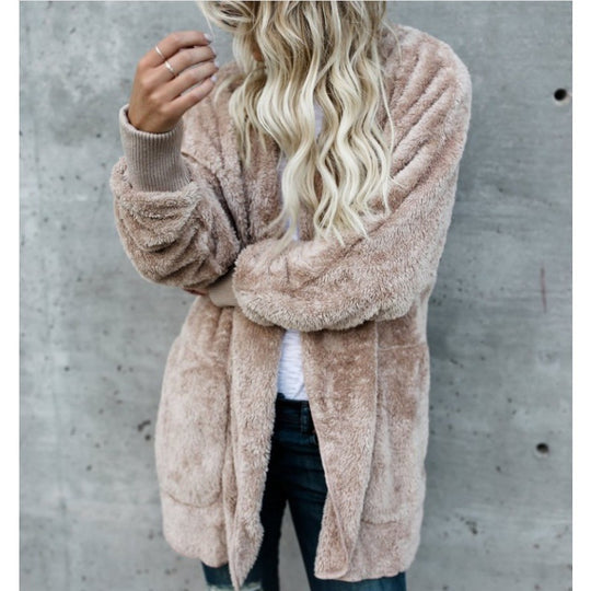 Damen Oversize Teddy‑Fleece‑Mantel mit offener Front, Eingrifftaschen und Rippbündchen Shop Nory
