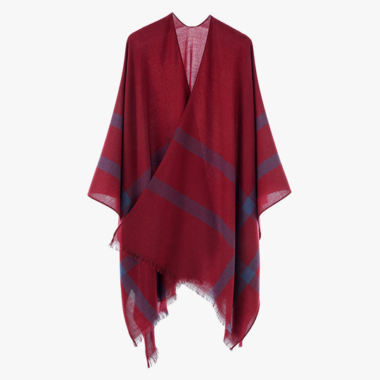 Damen Leichter V-Ausschnitt-Poncho aus feinem Gewebe mit diagonalen Kontraststreifen Shop Nory