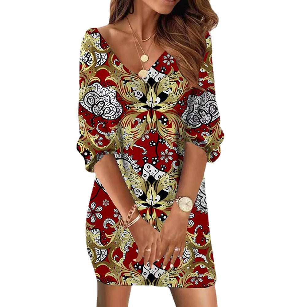 Damen Freizeitkleid mit verspieltem Camouflage-Muster und V-Ausschnitt