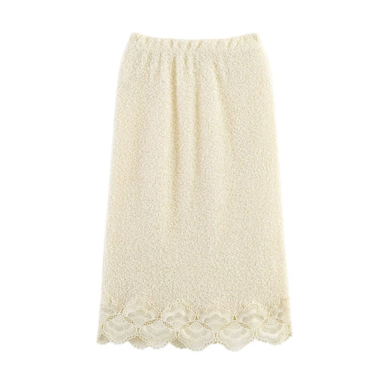 Damen Bouclé-Strickpullover mit Spitzenbesatz und gewelltem Saum Shop Nory