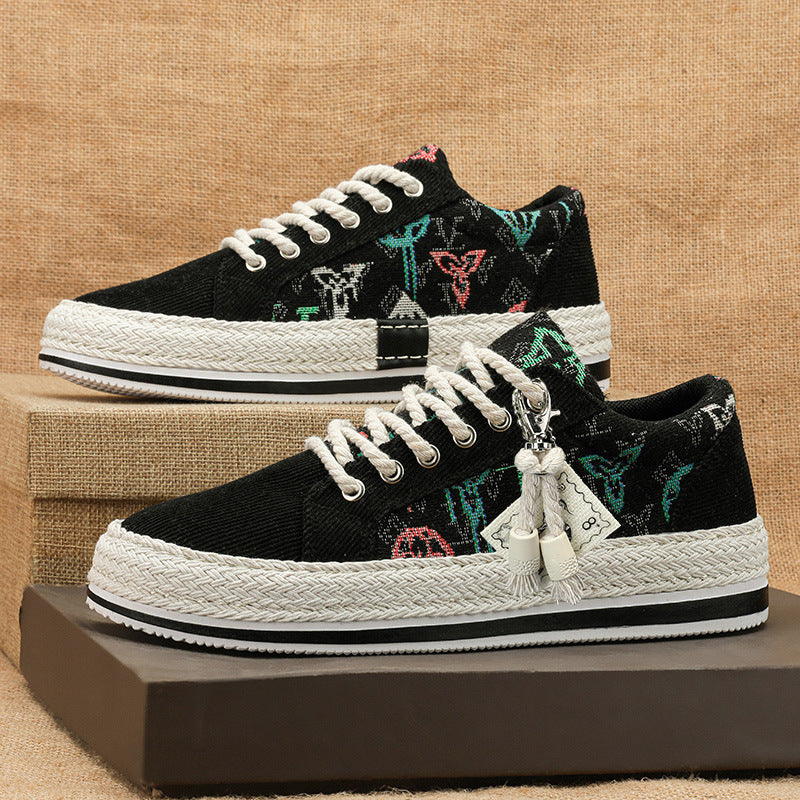 Damen Plateau-Espadrille-Sneaker mit besticktem Canvas, Quastenanhänger und geflochtener Bastsohle Shopy Nory