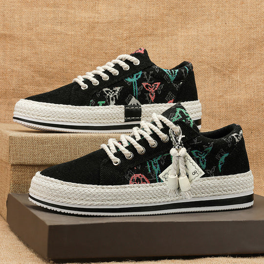 Damen Plateau-Espadrille-Sneaker mit besticktem Canvas, Quastenanhänger und geflochtener Bastsohle Shopy Nory