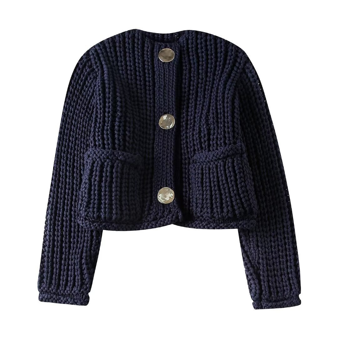 Damen Kurzcardigan im Rippen-Grobstrick mit aufgesetzten Taschen und Statementknöpfen Shop Nory