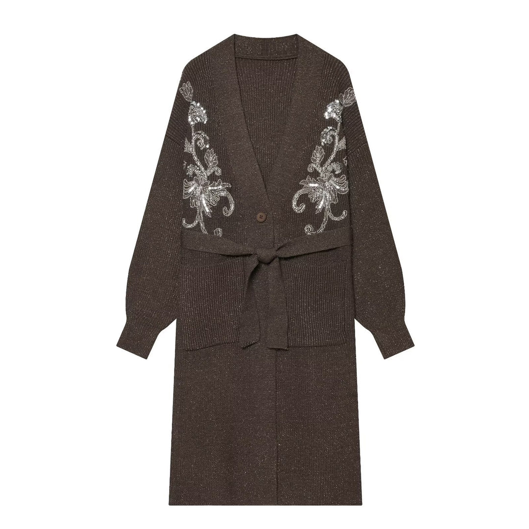 Damen Langer Feinstrick-Cardigan mit Zierstickerei, Taillengürtel und aufgesetzten Taschen Shop Nory
