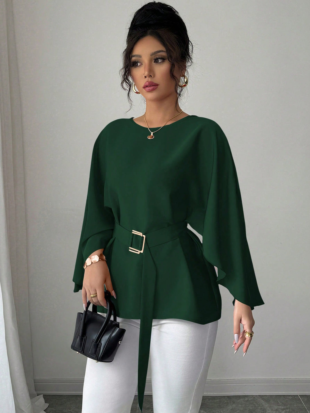 Damen Elegante Chiffon-Tunika mit Cape-Ärmeln und Taillengürtel Shop Nory