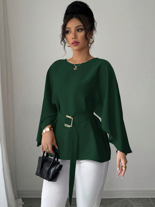 Damen Elegante Chiffon-Tunika mit Cape-Ärmeln und Taillengürtel Shop Nory