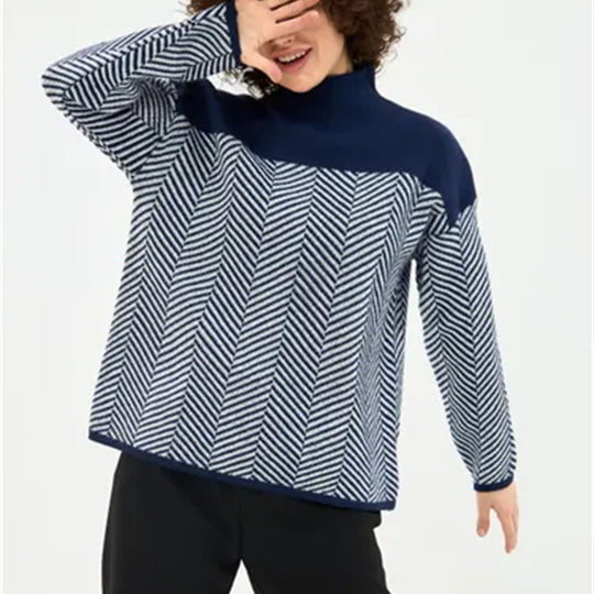 Damen Strickpullover mit Stehkragen und Fischgrätmuster Shop Nory
