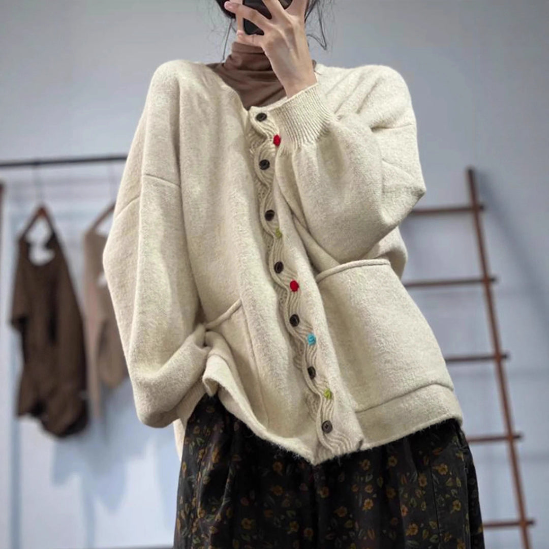 Damen Oversized Strickcardigan mit Zierknopfleiste und aufgesetzten Taschen Shop Nory