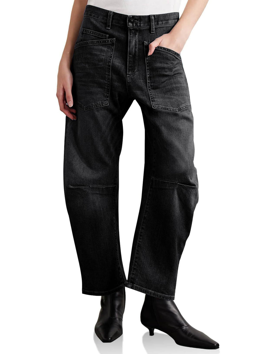 Damen halbhohe Denim-Hose mit einzigartigen aufgesetzten Taschen Shopnory