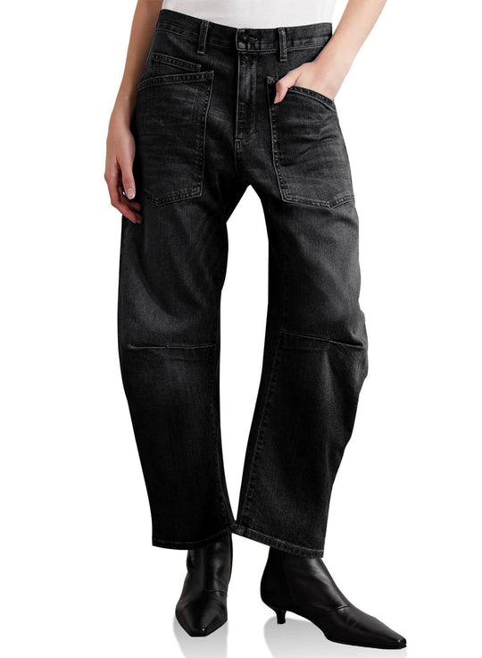 Damen halbhohe Denim-Hose mit einzigartigen aufgesetzten Taschen Shopnory