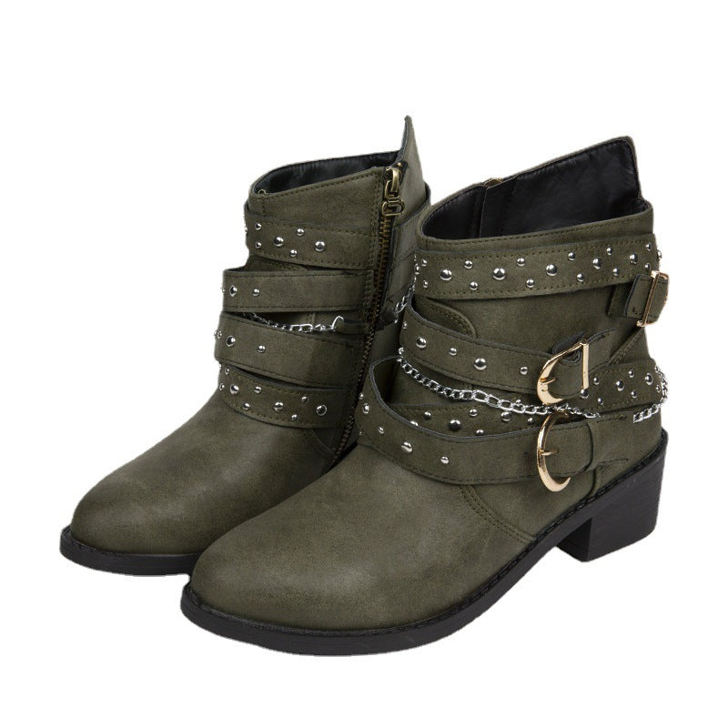 Damen Stiefeletten mit modischen Schnallen und dekorativen Nieten