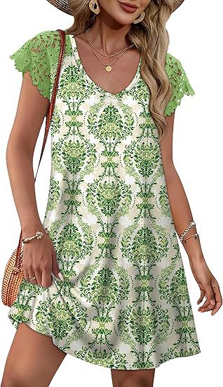 Damen Sommerkleid mit eleganten Spitzenärmeln und floralem Muster